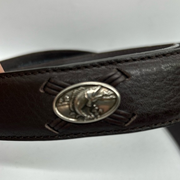 Mens Columbia Dark Brown Leather Belt Silver Fish Embellishments Size 36 - Picture 3 of 10